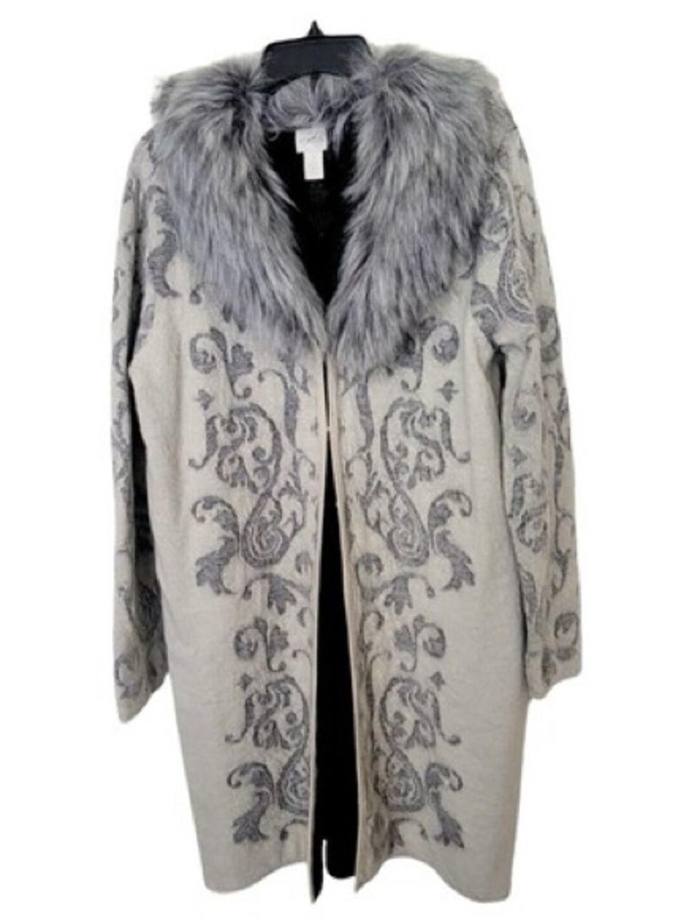 Chico's Ecru Cardigan with Gray Faux-Fur Trim